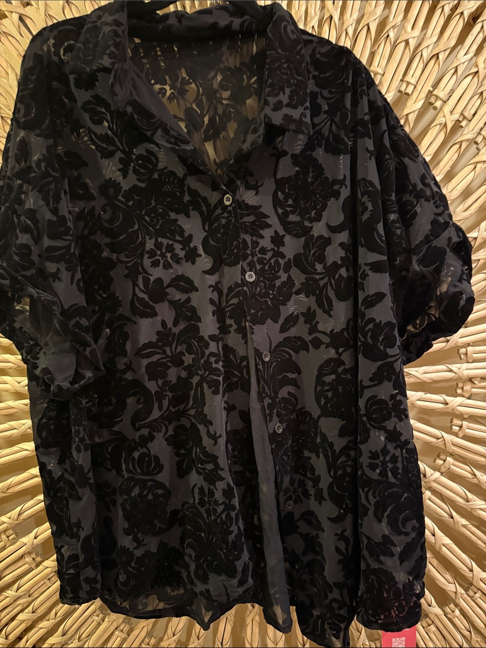 ROMWE Black Floral Velvet Burnout Button-Down Shirt